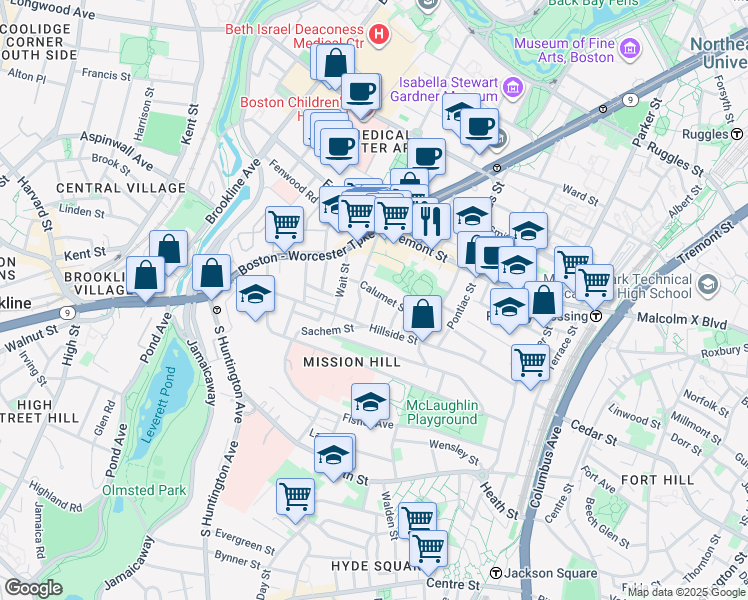 map of restaurants, bars, coffee shops, grocery stores, and more near 5 Oswald Street in Boston