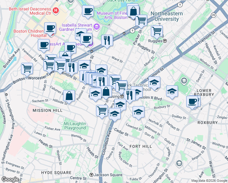 map of restaurants, bars, coffee shops, grocery stores, and more near 3 Morton Place in Boston