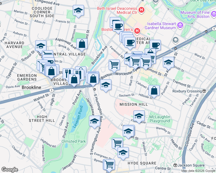 map of restaurants, bars, coffee shops, grocery stores, and more near 3 Parker Hill Terrace in Boston
