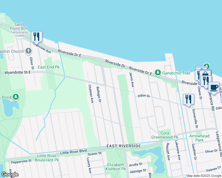 map of restaurants, bars, coffee shops, grocery stores, and more near 915 Banwell Road in Windsor