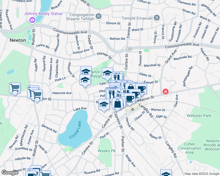 map of restaurants, bars, coffee shops, grocery stores, and more near 31 Pleasant Street in Newton