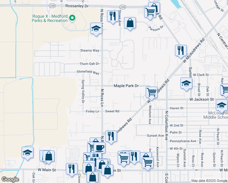 map of restaurants, bars, coffee shops, grocery stores, and more near 1309 Maple Park Drive in Medford