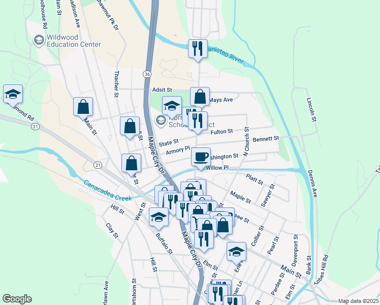 map of restaurants, bars, coffee shops, grocery stores, and more near 100 Seneca Street in Hornell