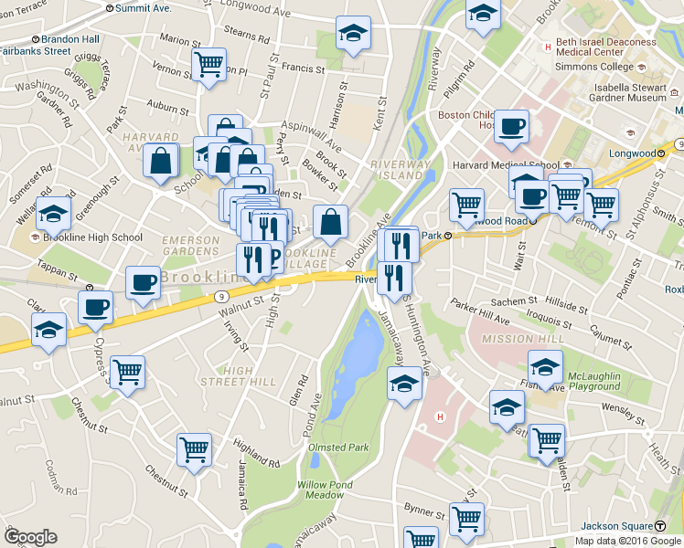 map of restaurants, bars, coffee shops, grocery stores, and more near 25-27 Washington Street in Brookline