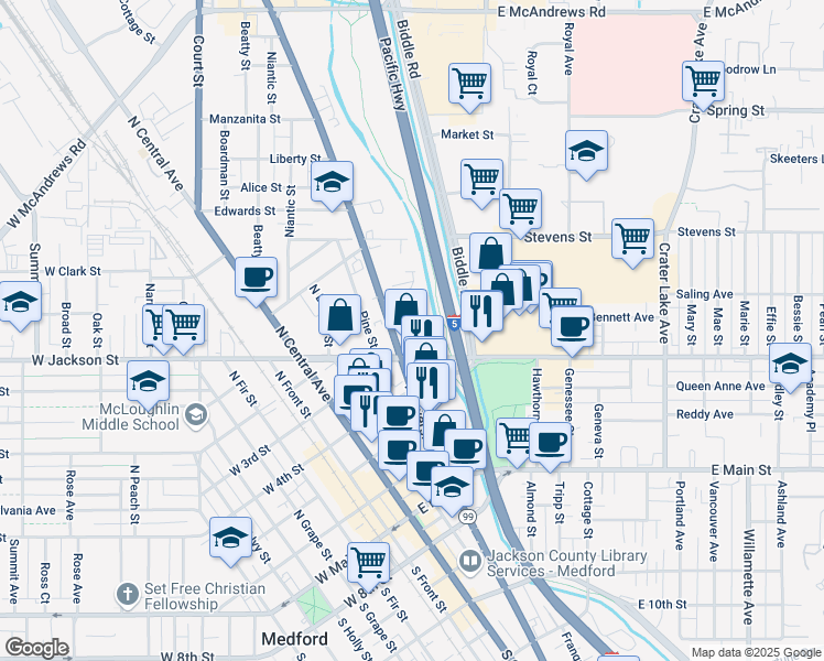 map of restaurants, bars, coffee shops, grocery stores, and more near 400 North Riverside Avenue in Medford