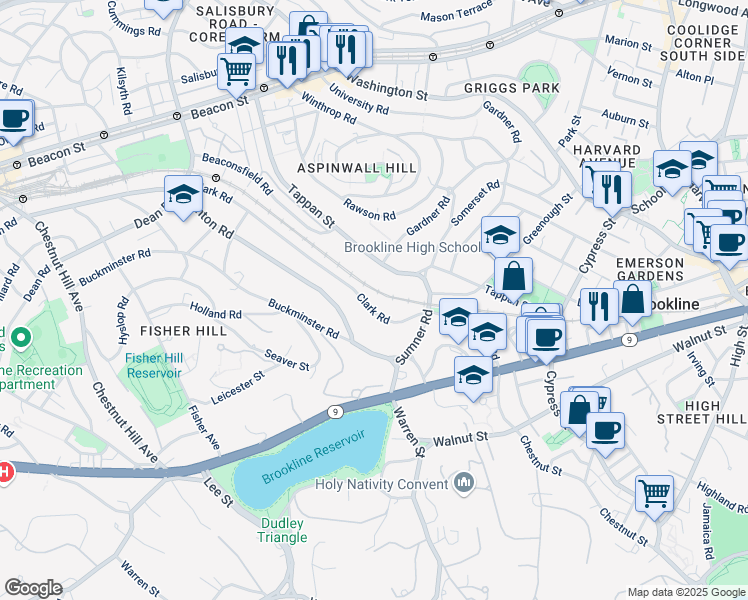 map of restaurants, bars, coffee shops, grocery stores, and more near 129 Clark Road in Brookline