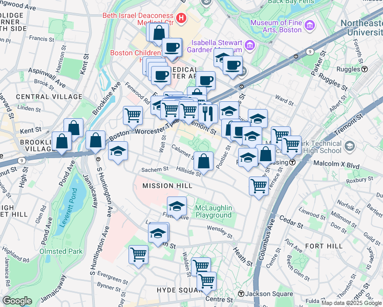 map of restaurants, bars, coffee shops, grocery stores, and more near 5 Oswald Street in Boston