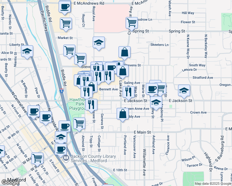 map of restaurants, bars, coffee shops, grocery stores, and more near 825 East Jackson Drive in Medford