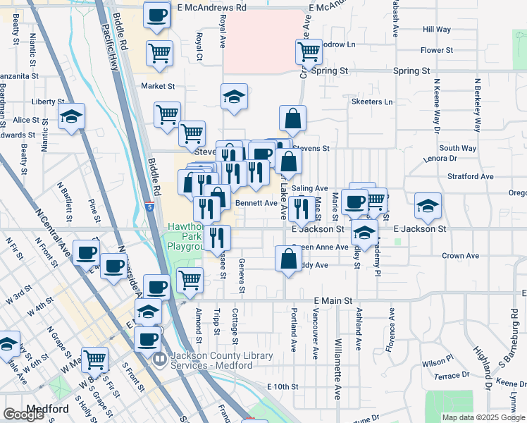 map of restaurants, bars, coffee shops, grocery stores, and more near 825 East Jackson Drive in Medford