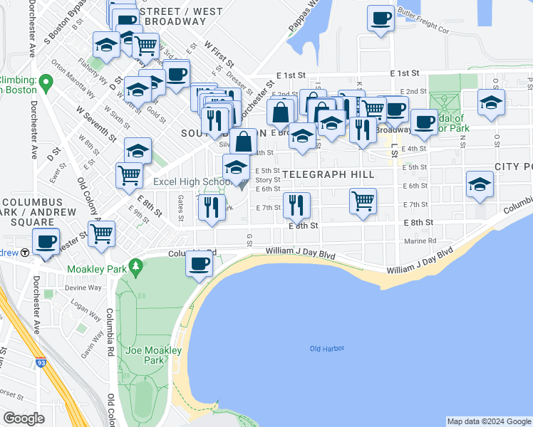 map of restaurants, bars, coffee shops, grocery stores, and more near 454 East 8th Street in Boston