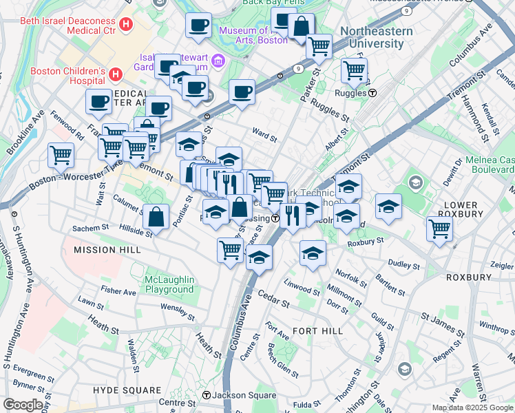 map of restaurants, bars, coffee shops, grocery stores, and more near 3 Morton Place in Boston