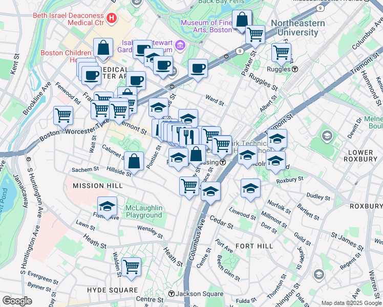 map of restaurants, bars, coffee shops, grocery stores, and more near in Boston