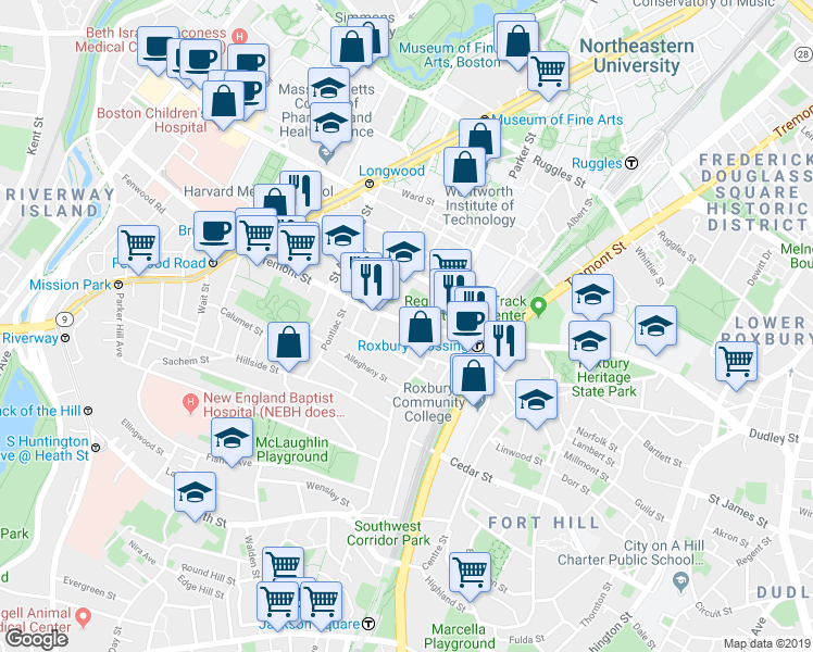 map of restaurants, bars, coffee shops, grocery stores, and more near in Boston