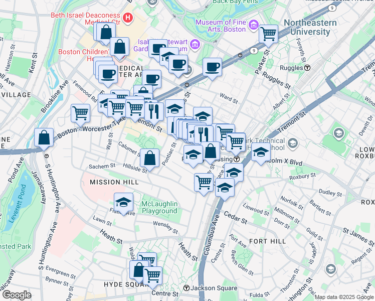 map of restaurants, bars, coffee shops, grocery stores, and more near 19A Burney Street in Boston