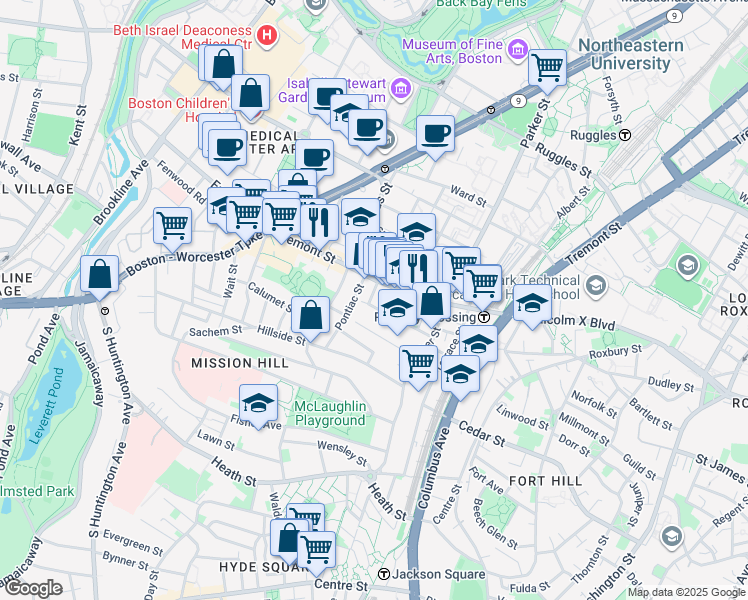 map of restaurants, bars, coffee shops, grocery stores, and more near 19A Burney Street in Boston