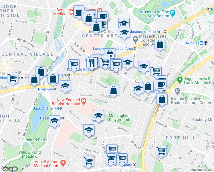 map of restaurants, bars, coffee shops, grocery stores, and more near 5 Oswald Street in Boston