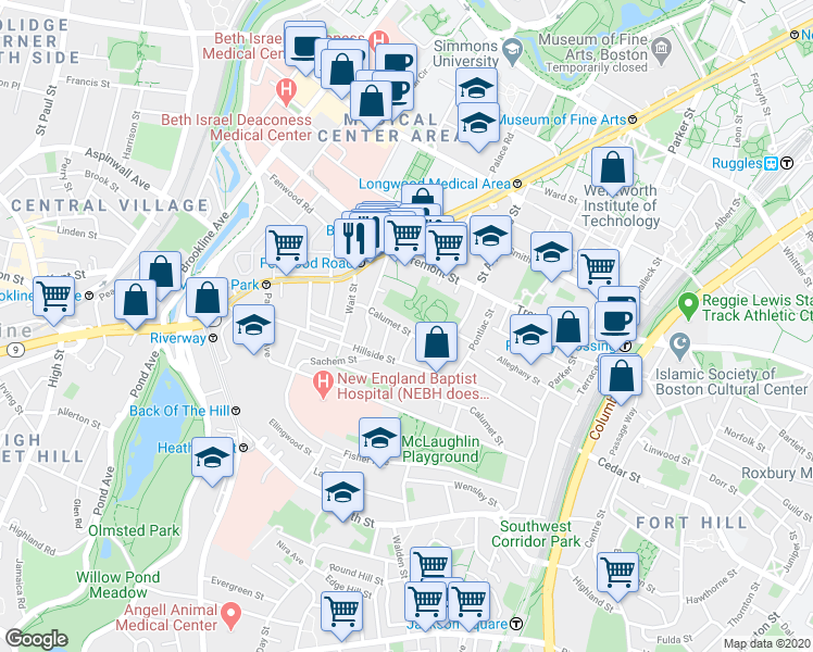 map of restaurants, bars, coffee shops, grocery stores, and more near 5 Oswald Street in Boston