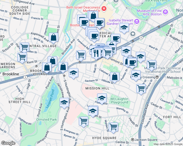 map of restaurants, bars, coffee shops, grocery stores, and more near 168 Hillside Street in Boston