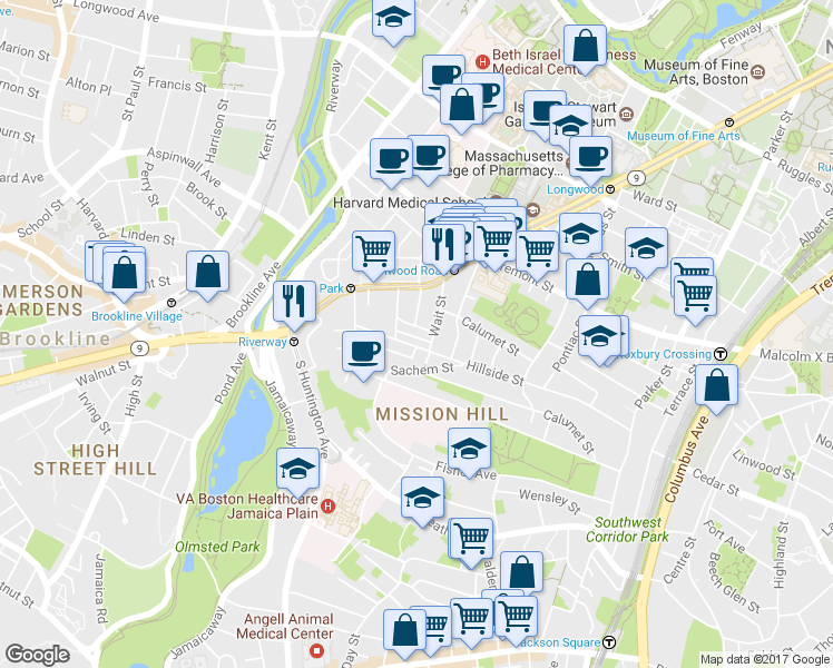 map of restaurants, bars, coffee shops, grocery stores, and more near 168 Hillside Street in Boston