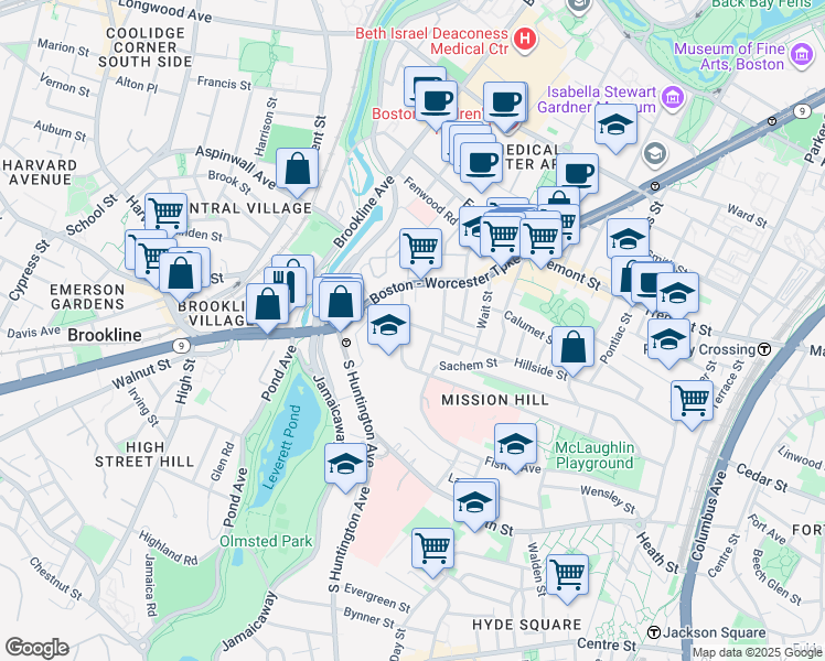 map of restaurants, bars, coffee shops, grocery stores, and more near 11 Sunset Street in Boston