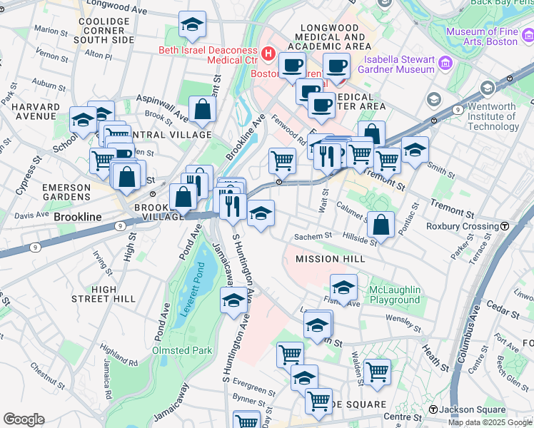 map of restaurants, bars, coffee shops, grocery stores, and more near 3 Parker Hill Terrace in Boston