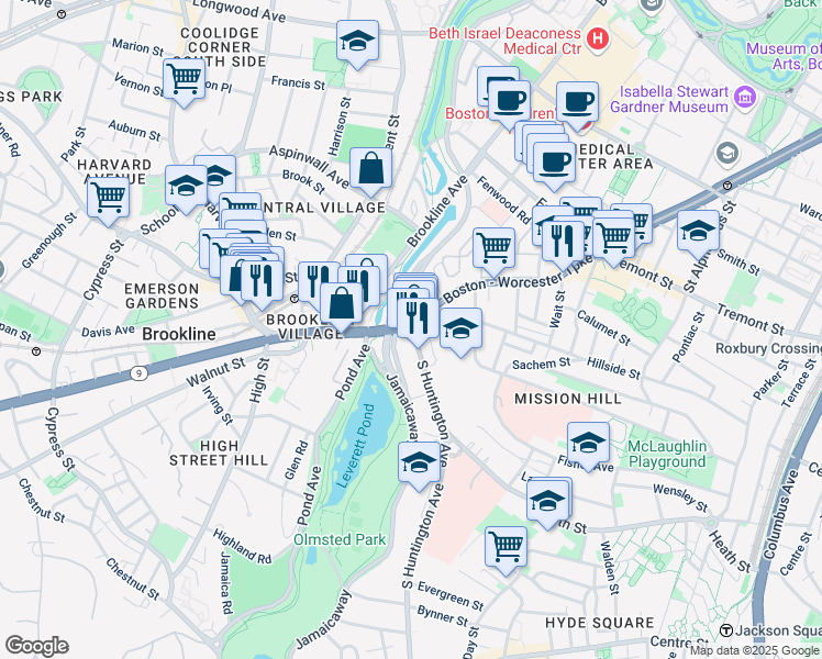 map of restaurants, bars, coffee shops, grocery stores, and more near 25-25A South Huntington Avenue in Boston