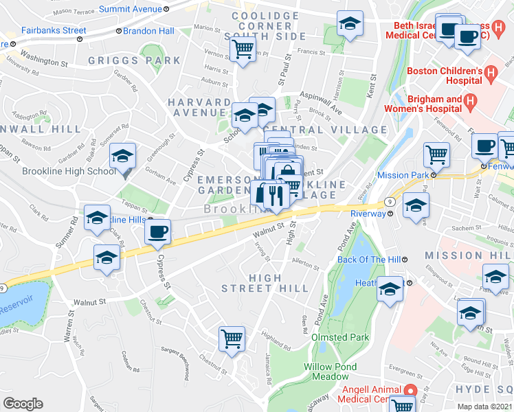 map of restaurants, bars, coffee shops, grocery stores, and more near 71 Massachusetts 9 in Brookline