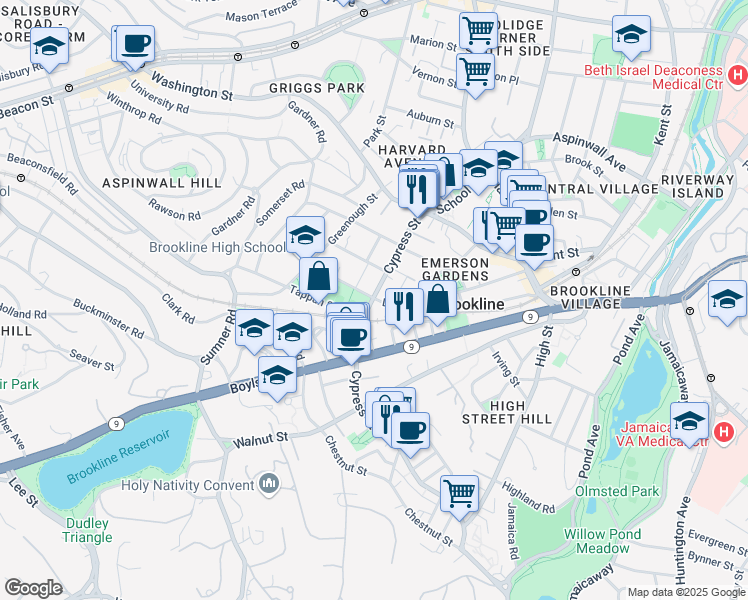 map of restaurants, bars, coffee shops, grocery stores, and more near 102 Cypress Street in Brookline