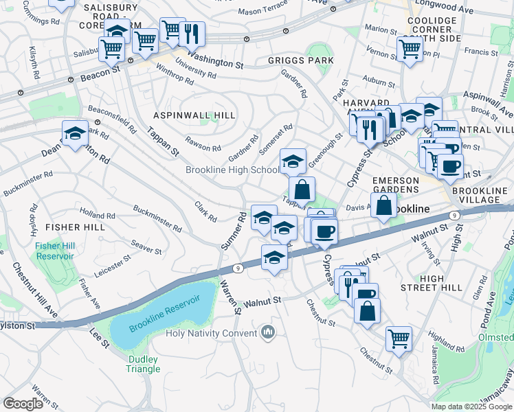 map of restaurants, bars, coffee shops, grocery stores, and more near 61 Clark Road in Brookline