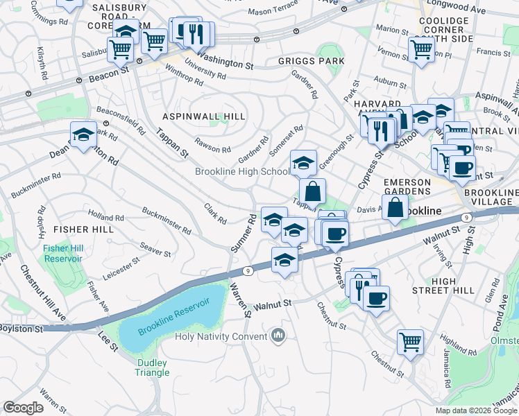 map of restaurants, bars, coffee shops, grocery stores, and more near 86 Sumner Road in Brookline