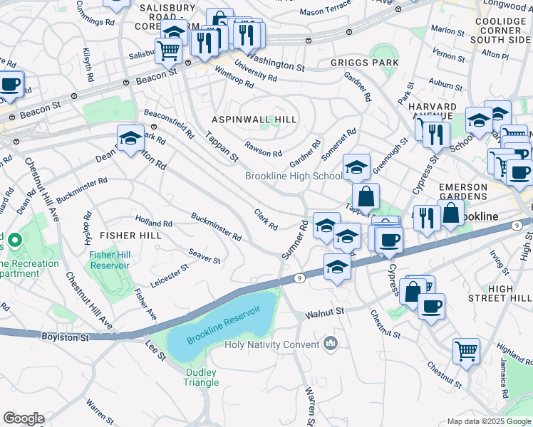 map of restaurants, bars, coffee shops, grocery stores, and more near 129 Clark Road in Brookline