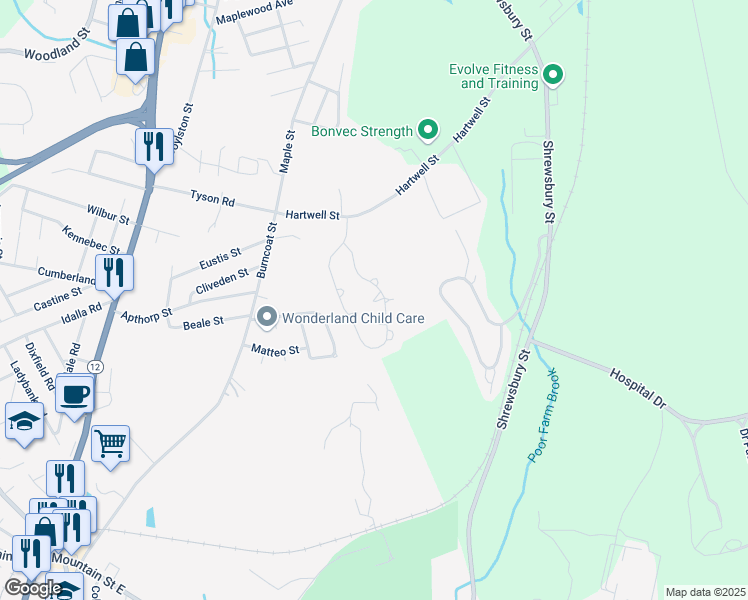 map of restaurants, bars, coffee shops, grocery stores, and more near 2 Hillside Village Drive in West Boylston