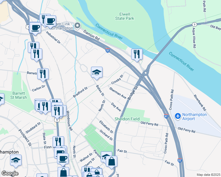 map of restaurants, bars, coffee shops, grocery stores, and more near 54 Sherman Avenue in Northampton