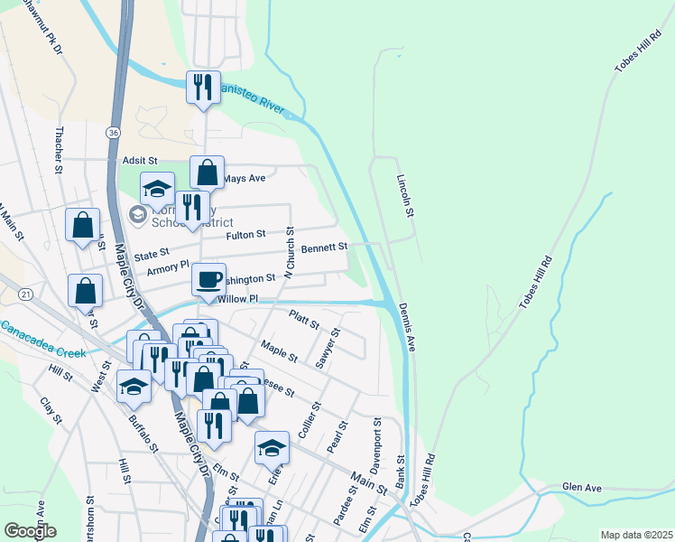 map of restaurants, bars, coffee shops, grocery stores, and more near 87 East Washington Street in Hornell