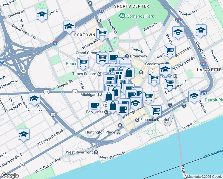 map of restaurants, bars, coffee shops, grocery stores, and more near 1010 Washington Boulevard in Detroit