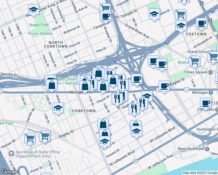 map of restaurants, bars, coffee shops, grocery stores, and more near in Detroit