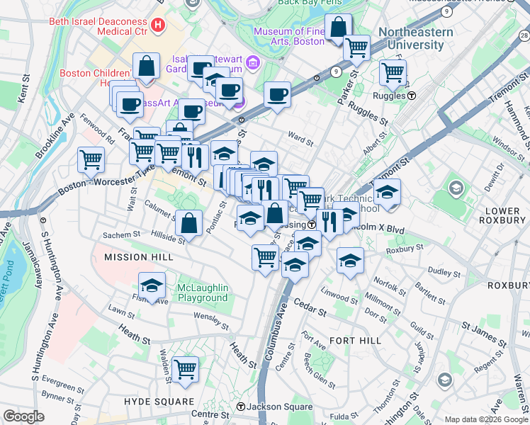 map of restaurants, bars, coffee shops, grocery stores, and more near in Boston
