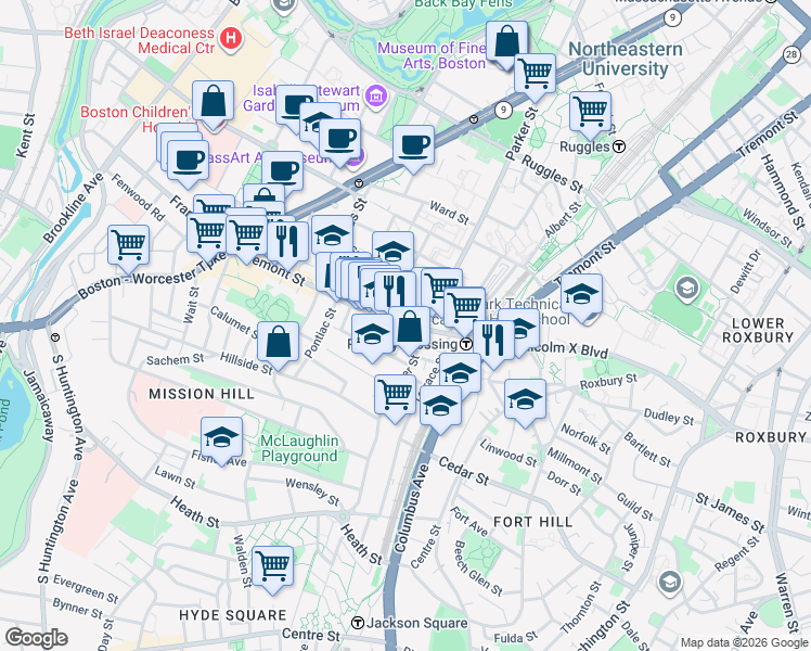 map of restaurants, bars, coffee shops, grocery stores, and more near Tremont St & Sewall St in Boston