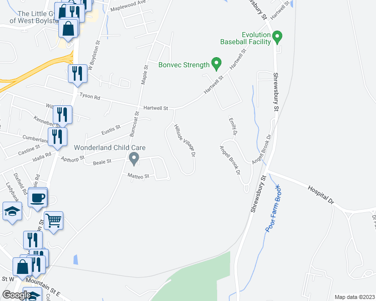 map of restaurants, bars, coffee shops, grocery stores, and more near 2 Hillside Village Drive in West Boylston