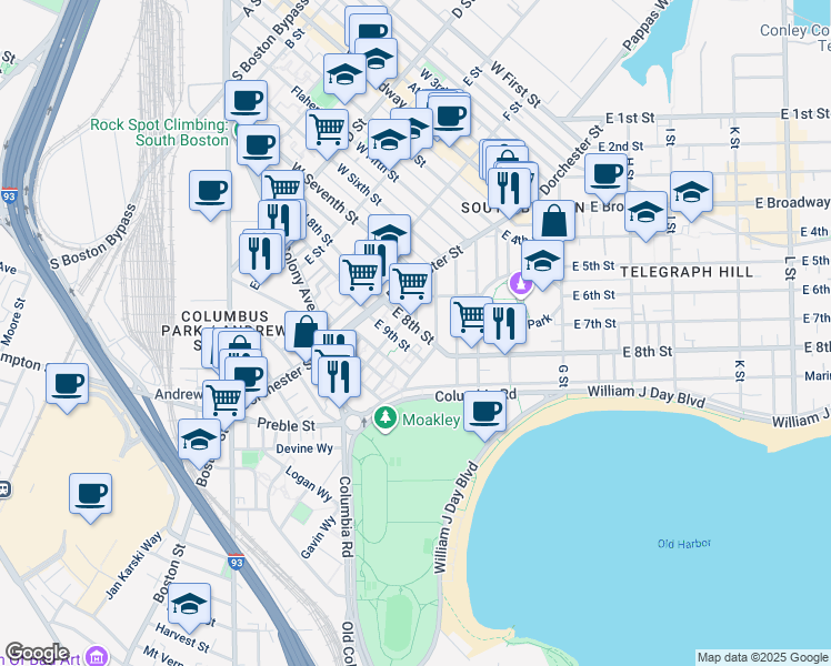 map of restaurants, bars, coffee shops, grocery stores, and more near 271 East 8th Street in Boston