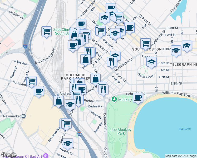 map of restaurants, bars, coffee shops, grocery stores, and more near 235 Old Colony Avenue in Boston