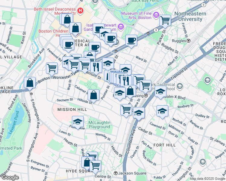 map of restaurants, bars, coffee shops, grocery stores, and more near 19A Burney Street in Boston