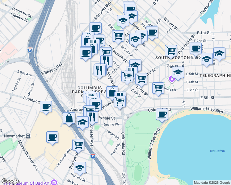 map of restaurants, bars, coffee shops, grocery stores, and more near in Boston
