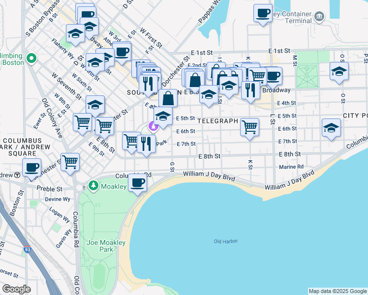 map of restaurants, bars, coffee shops, grocery stores, and more near 454 East 8th Street in Boston