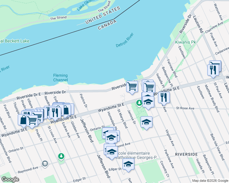 map of restaurants, bars, coffee shops, grocery stores, and more near in Windsor