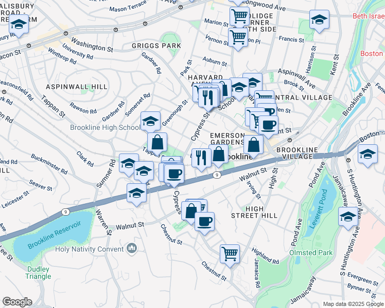 map of restaurants, bars, coffee shops, grocery stores, and more near 102 Cypress Street in Brookline