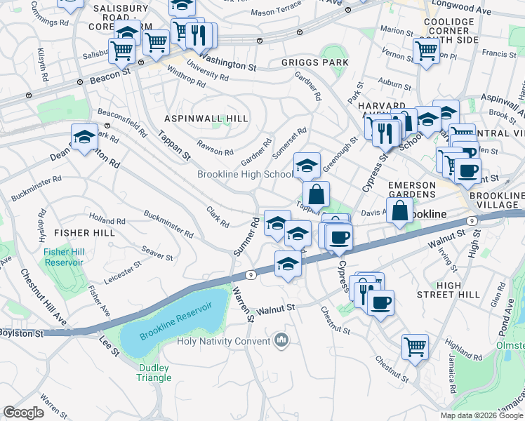map of restaurants, bars, coffee shops, grocery stores, and more near 86 Sumner Road in Brookline