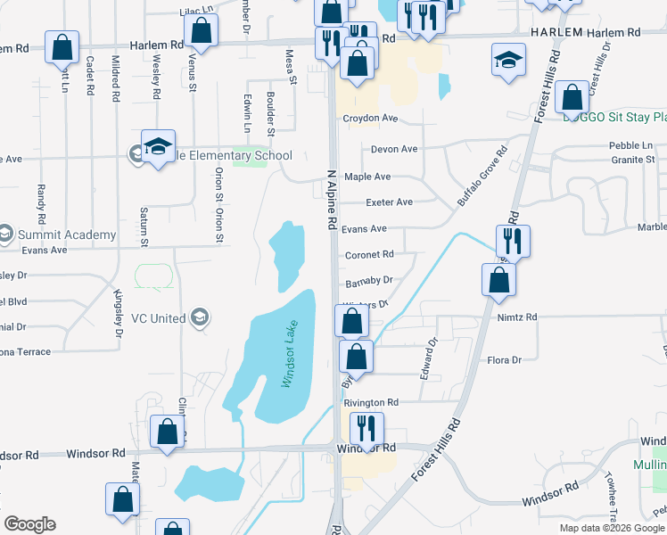 map of restaurants, bars, coffee shops, grocery stores, and more near 7421 North Alpine Road in Loves Park