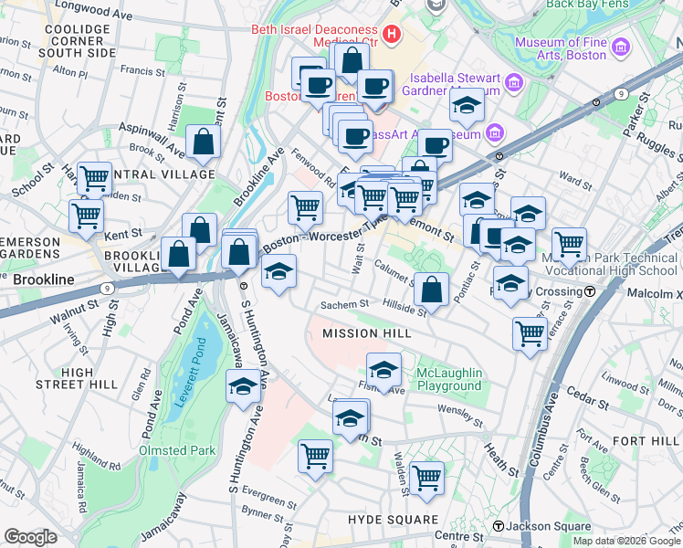 map of restaurants, bars, coffee shops, grocery stores, and more near 168 Hillside Street in Boston