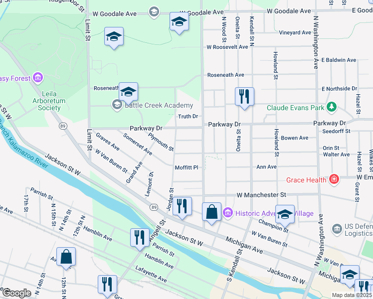 map of restaurants, bars, coffee shops, grocery stores, and more near 246 Greenwood Avenue in Battle Creek